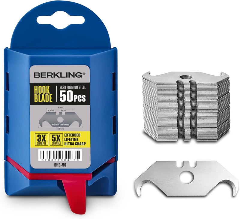 Berkling Utility Hook Razor Blades 50 PCS With Dispenser, SK2H Laser Sharpened Hardened, Ultra 3X Sharper and 5X Durable, Heavy Duty Replacement Blades for Carpet, Roofing Blade Knife, Box Cutter - Image 1